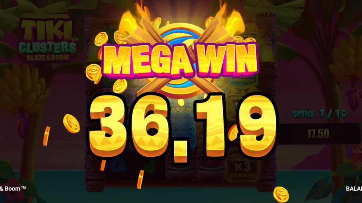 Tiki Clusters Blaze & Boom slot machine interface with tropical jungle theme