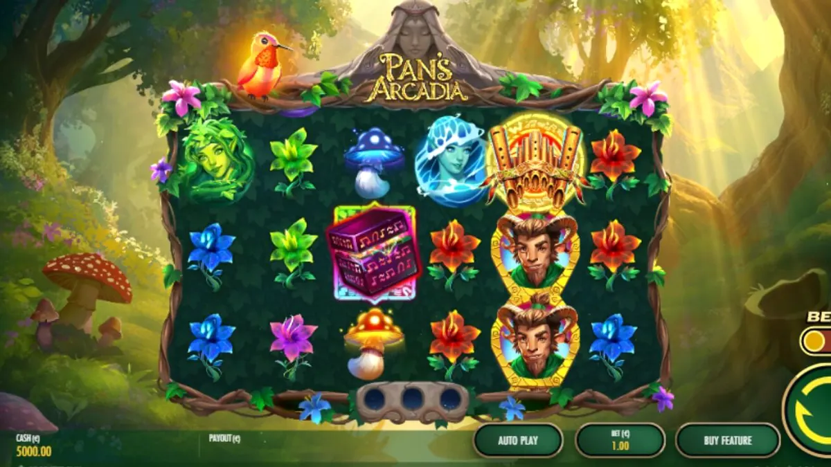 Pemandangan hutan mistis dalam slot Pan's Arcadia di layar ponsel