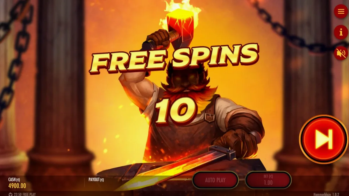 Tampilan visual grid 7x7 dalam permainan slot Hammerblaze dengan latar belakang gunung berapi.
